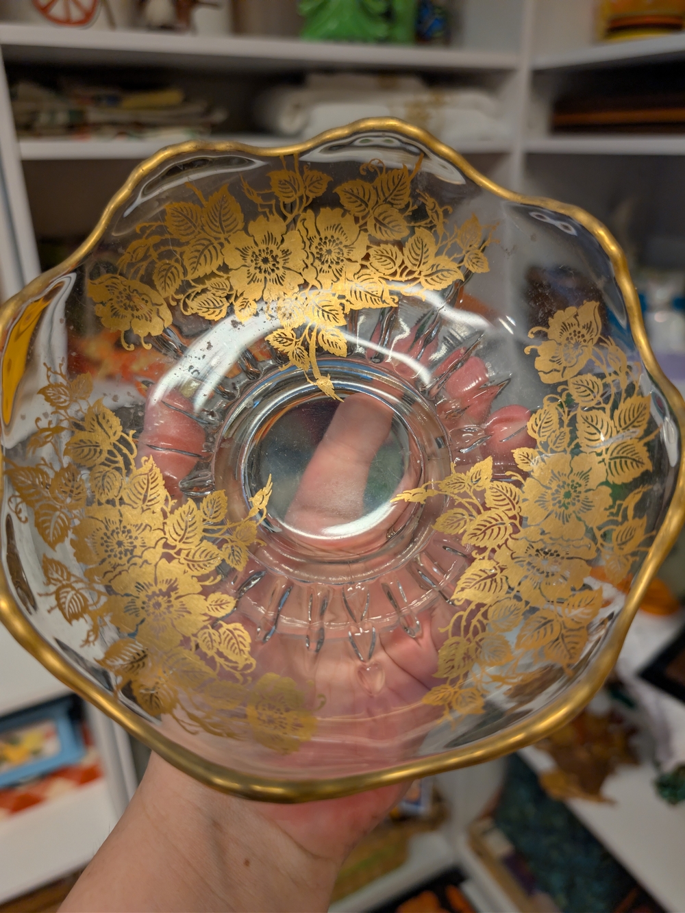 Vintage-Style Clear Glass Bowl with Gold Floral Accent Silver City 22k